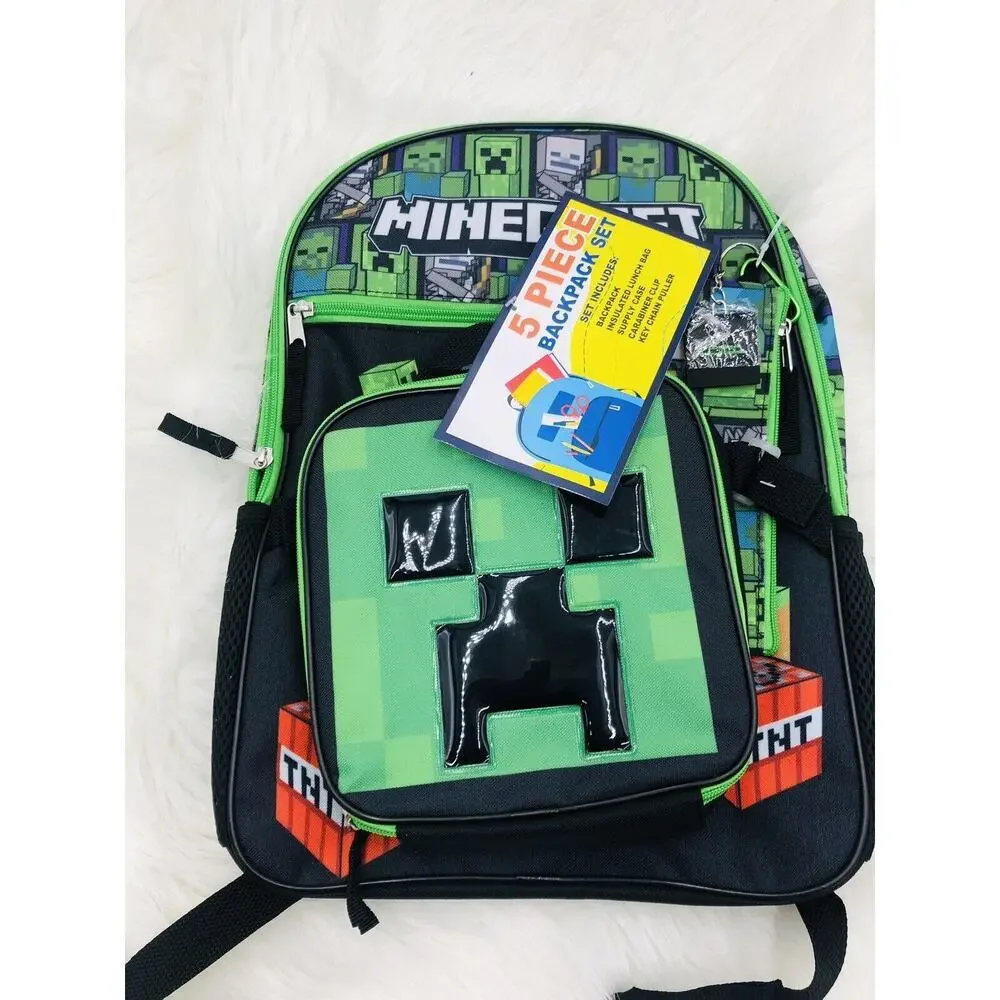 Minecraft 5 Piece Backpack Set‎ Creeper Face Insulated Lunch Bag Keychain Puller